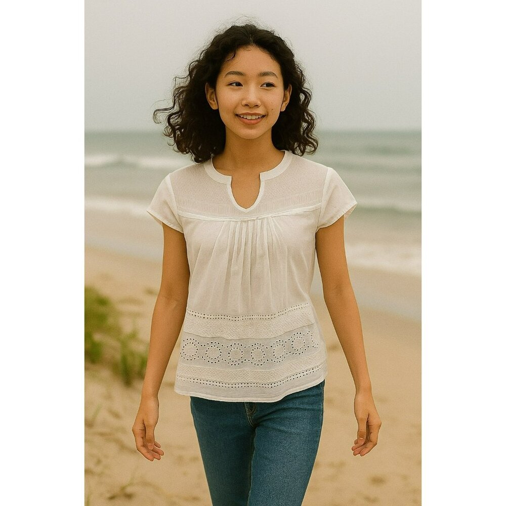 Lucky Brand Womens Small White Embroidered Cotton Top